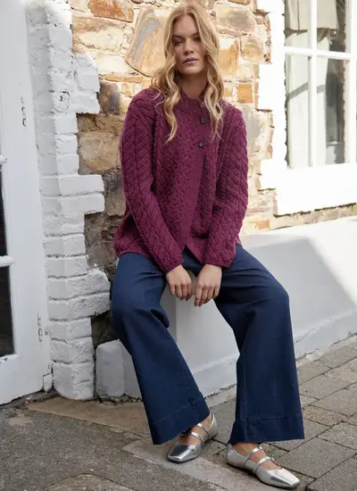 Personalized Erin Button Neck Cardigan in Raspberry Marl